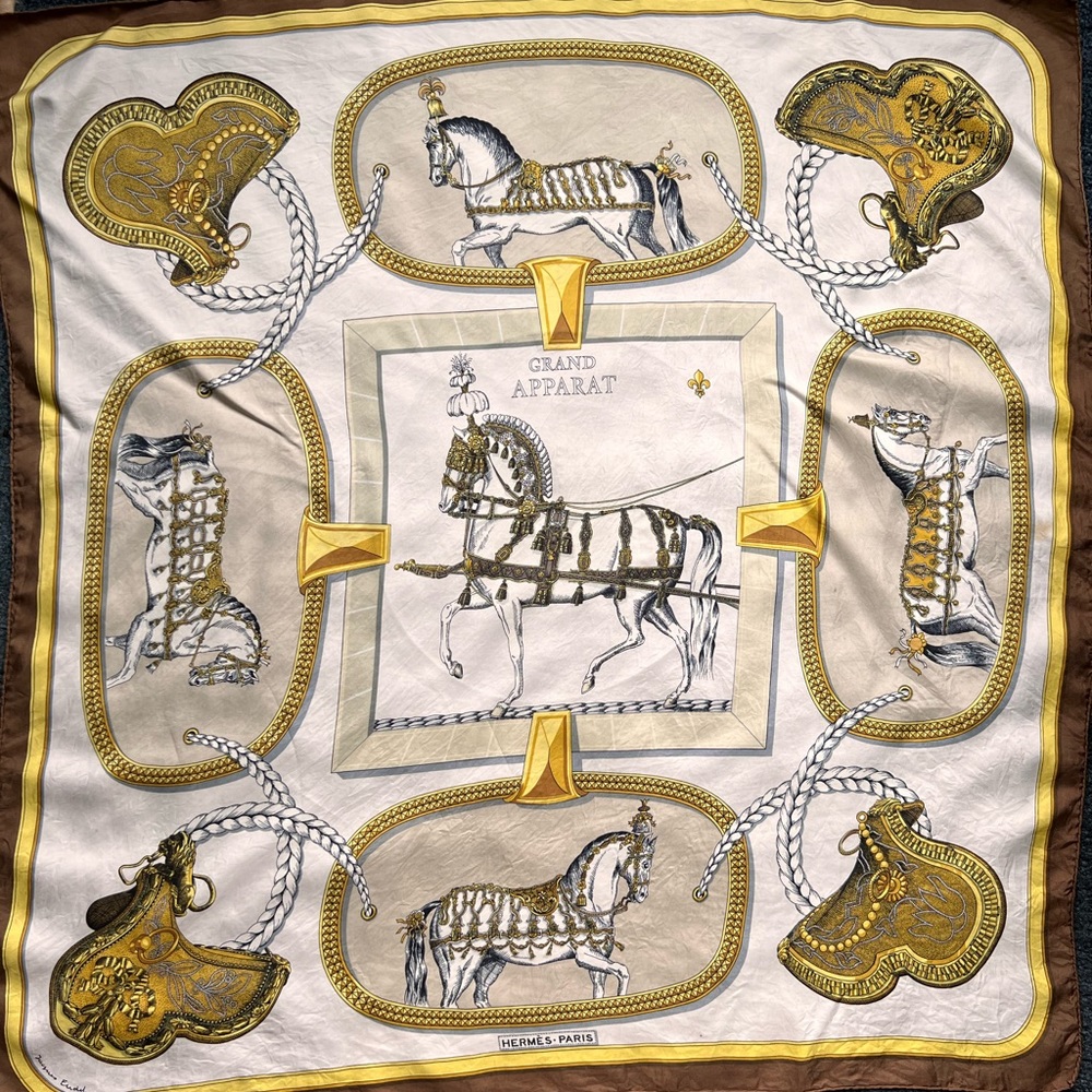 Hermes ‘Grand Apparat’ Scarf. 100% Silk.Equestrian motif. Artist Jacques Eudel.
